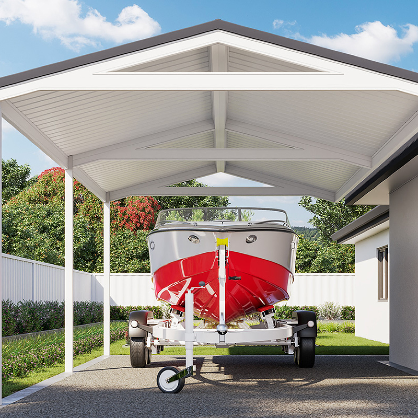 Red and white boat parked under a gable roof carport