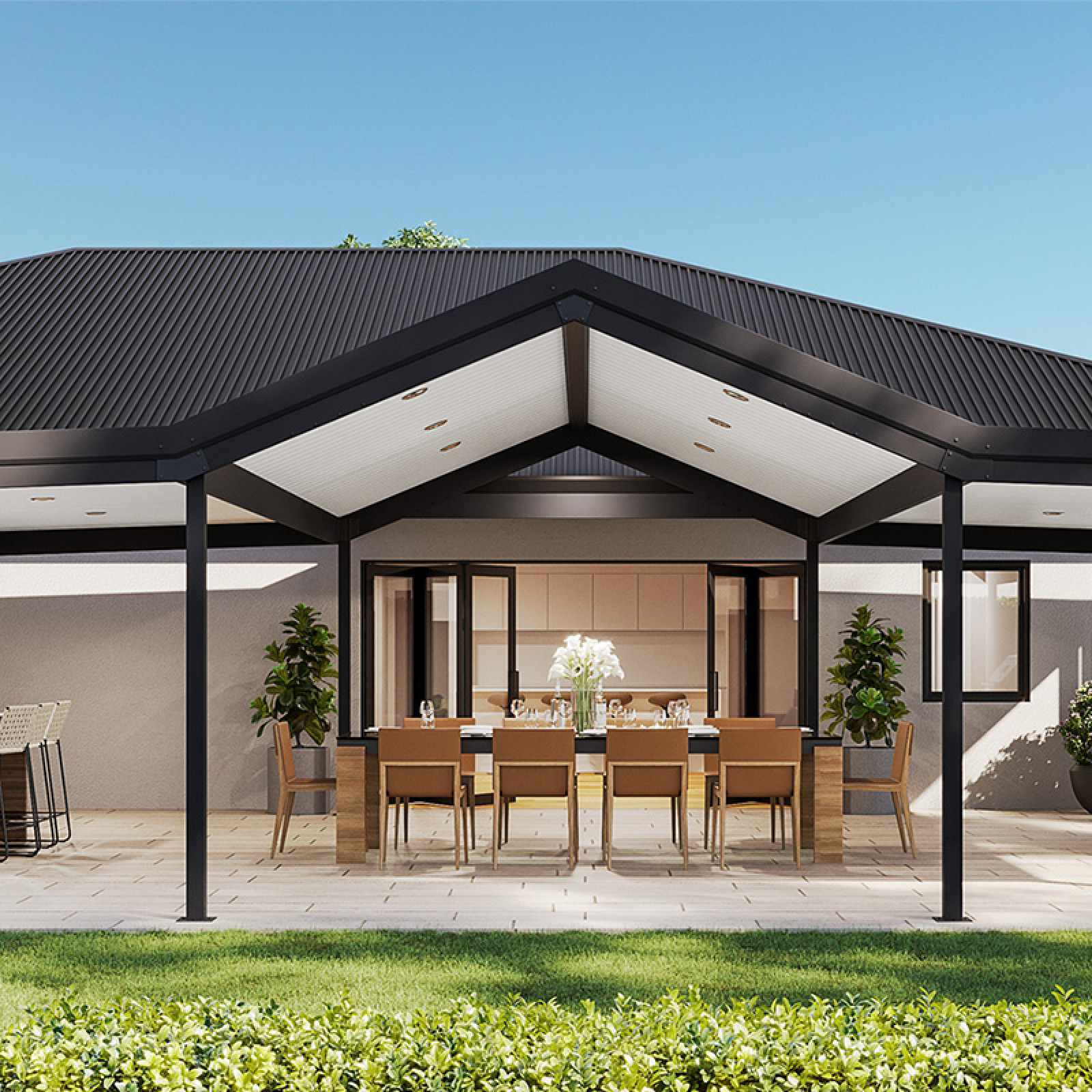 Combination roof patio looking out onto a tidy backyard