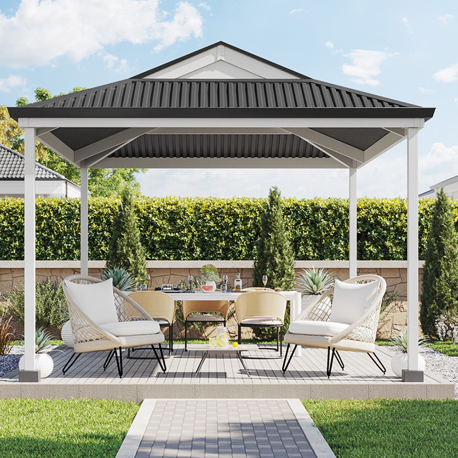 Dutch gable pergola protecting a lounge area from the sun