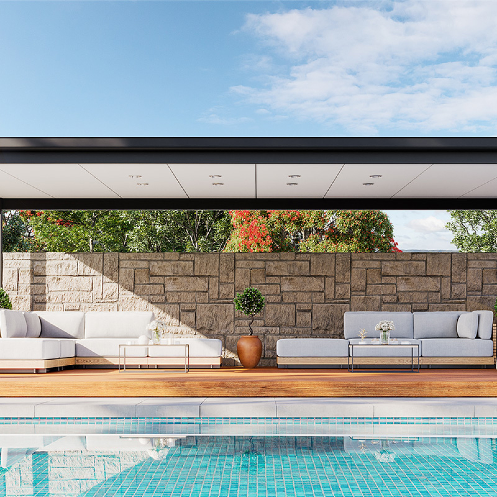 Flat roof pergola over looking a refreshing swimming pool
