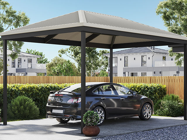 Hip roof Carport with a black sedan parked beneath