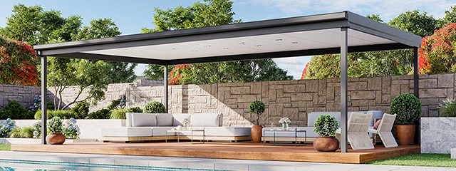 Flat roof poolside pergola with outdoor lounges and a brick gardenwall