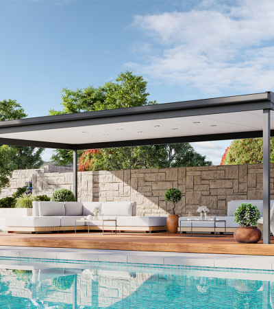 Flat roof poolside pergola with outdoor lounges