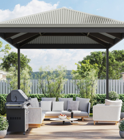Hip roof pergola with outdoor furniture