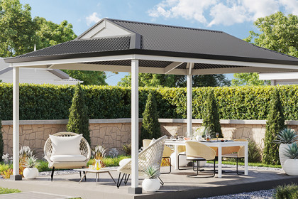 Dutch gable pergola in a garden setting with outdoor furniture