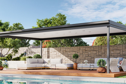 Flat roof poolside pergola with outdoor lounges