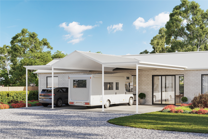 Combination roof carport with an RV and a car parked beneath