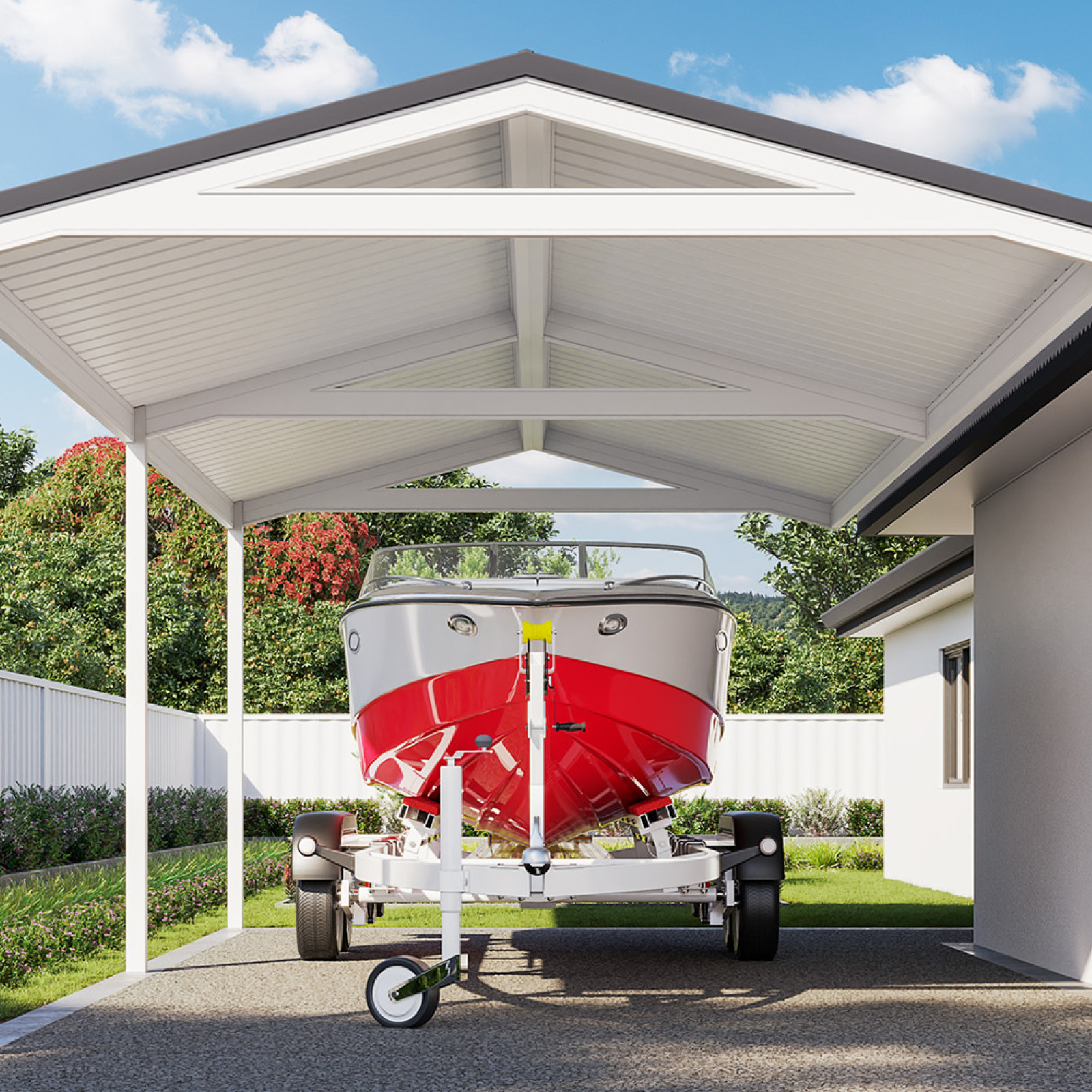 Gable roof carport with a red boat parked beneath