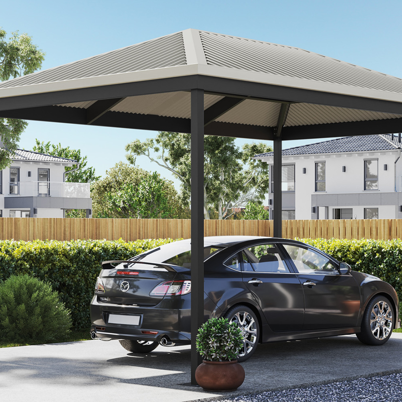 Hip roof carport with black car parked beneath
