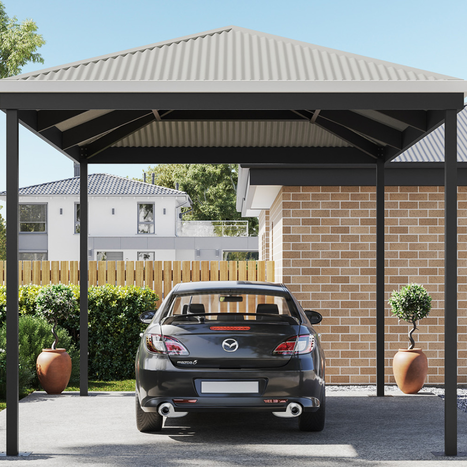 Hip roof carport with black car parked beneath