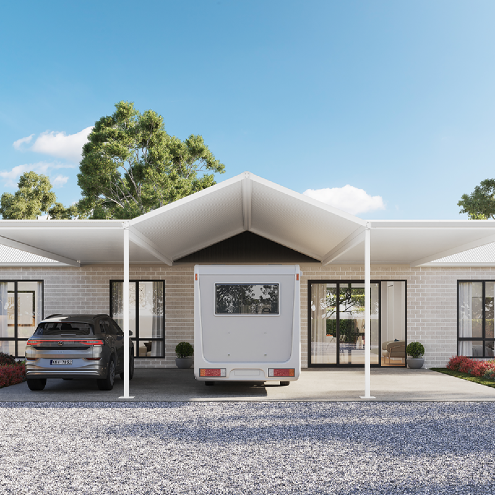 Combination carport with RV and car parked beneath