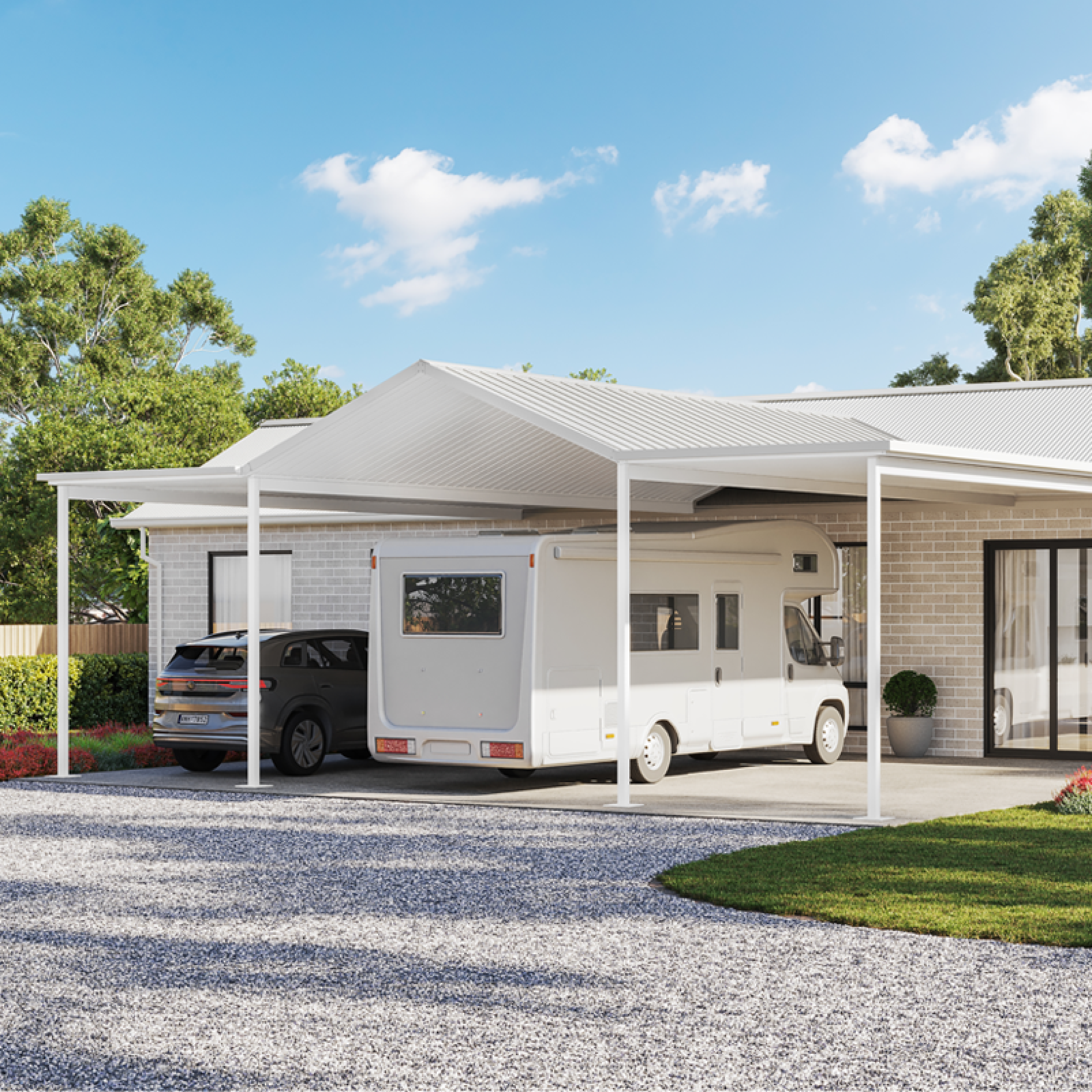 Combination carport with RV and car parked beneath