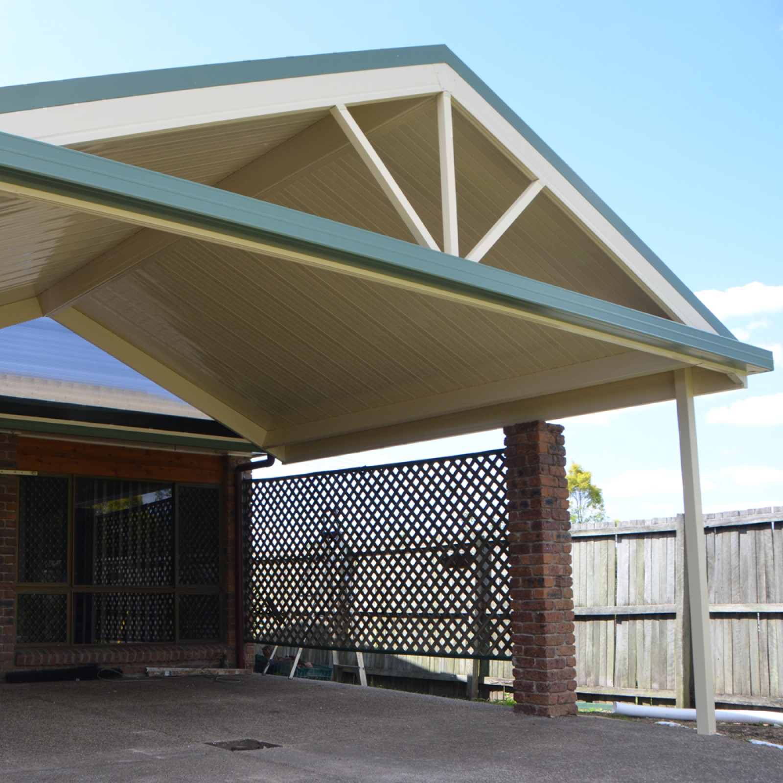 Flat combination gable patio with decorative trim cream and cottage green