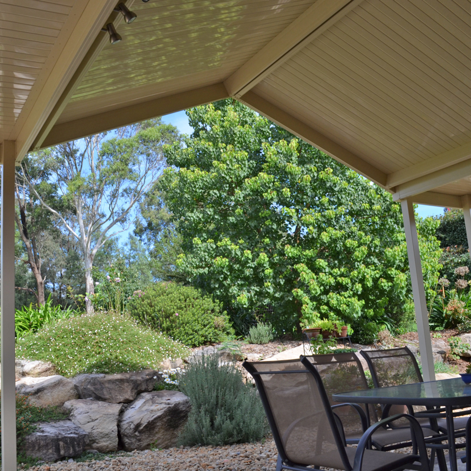 Patio flat gable flat roof with sunset panels in classic cream