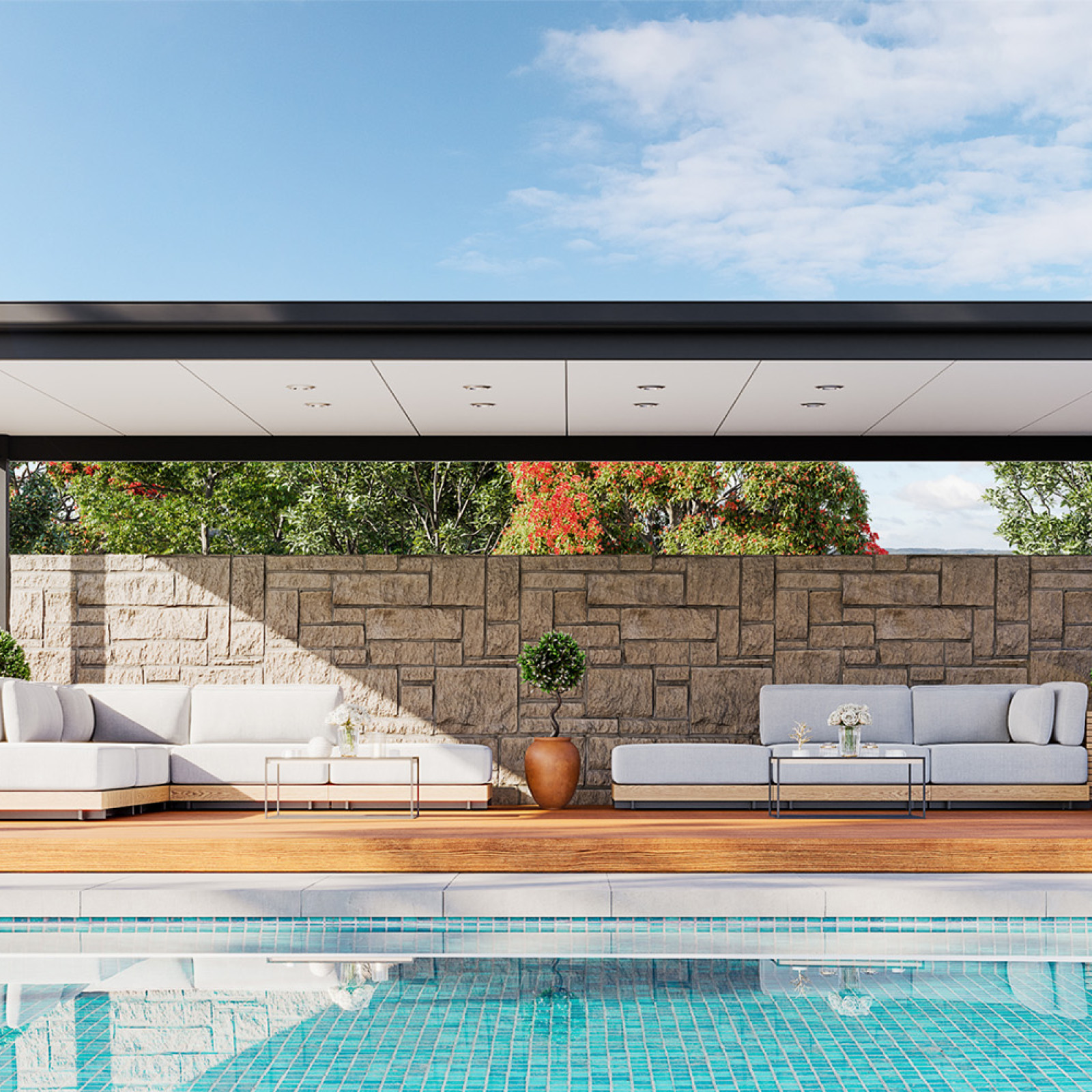 Flat roof poolside pergola