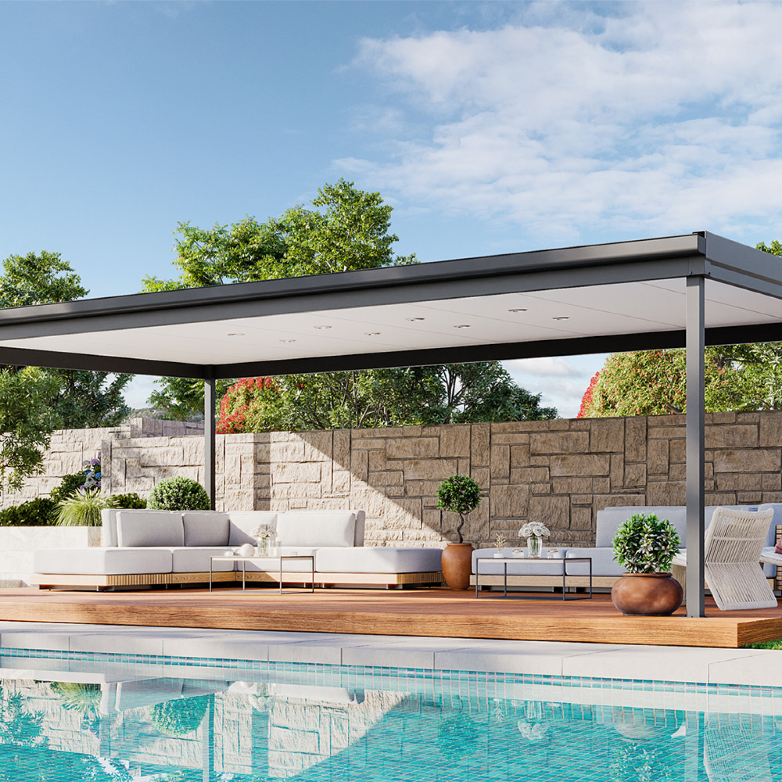 Flat roof poolside pergola